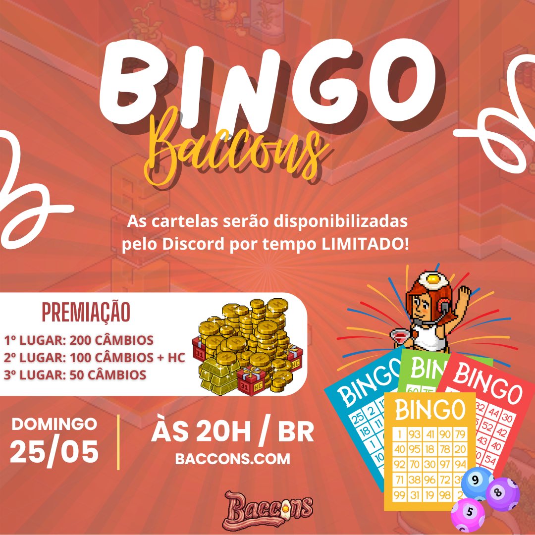 🎉 BINGO MÊSVERSÁRIO DA BACCONS!!!

 Atenção, Bacconzetes! Mais um mês se passando e chegou a hora do nosso bingo! Vamos comemorar +1 mêsversário do fã site mais calórico do Habbo Hotel!

🗓️ Data: 25/05 (DOMINGO)
🕒 Horário: 20h

Peça sua cartela: discord.gg/sbrr6wB5