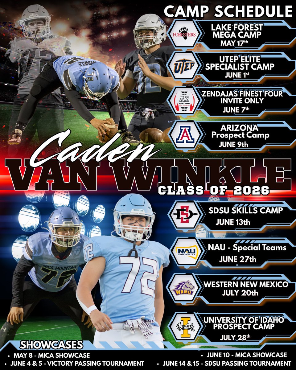 CVanWinkle2026's tweet photo. Camp Season Is Here!
With my Junior year coming to an end I’m excited to attend these summer camps and take my football career to the next level!
#campseason #footballcamps #football #longsnapping #snapping #growth #moretolearn #openminded #micamoutianfootball
@LFC_FOOTBALL @Coach_Cotton713 @AZKicking @Coach_Naivar @CoachZacBarton @CoachRobNAU @CoachRLaurel @CoachFendall @CoachZauner @MicaMountainFB @gridironarizona @SOAZFootball @hogan_hatten