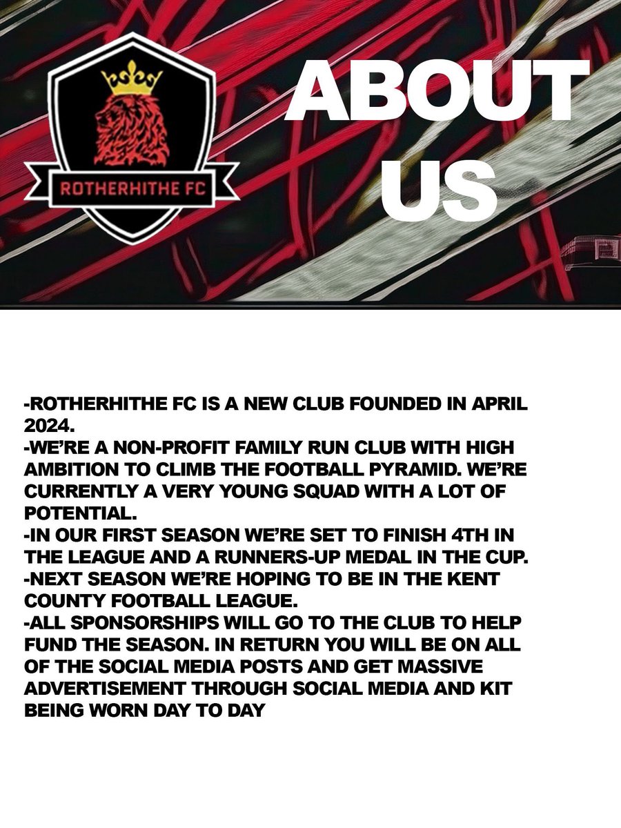 RotherhitheFc's tweet photo. Would you like to sponsor Rotherhithe Fc ?

Be part of something special and sponsor Rotherhithe Fc for the upcoming season. Don’t miss out on being part of our journey.

Contact us now for the costs of the packages at -07432868137 or rotherhithefc@yahoo.com https://t.co/s4kXLThTUq