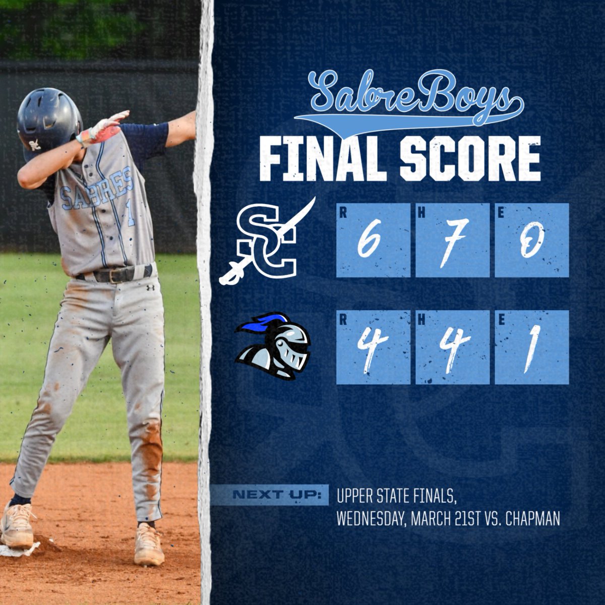 #SabreBoys win a battle vs. St. Joseph's Catholic and move on to face Chapman in the 3A Upper State Final.