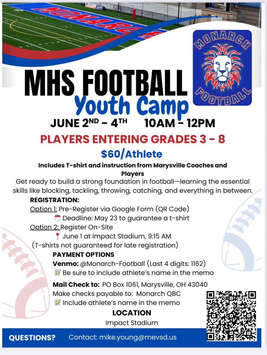 Mike Young (@myoungoc77) on Twitter photo Don’t miss out on Marysville Youth Football Camp! Guarantee your camper a camp T-shirt if registered on or before May 23rd! Don’t miss out on Marysville Youth Football Camp! Guarantee your camper a camp T-shirt if registered on or before May 23rd!