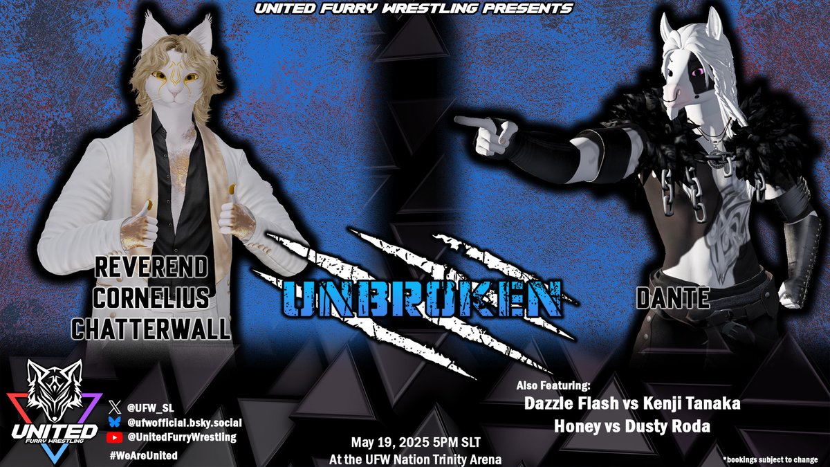 UFW Unbroken starts at 5pm! Tonight we have Dazzle Flash up against Kenji Tanaka!  Then the Queen Bee, Honey takes on Dusty! Finally in our main event, can the Dude abide the power of Dante? Find out tonight! maps.secondlife.com/secondlife/UFW…