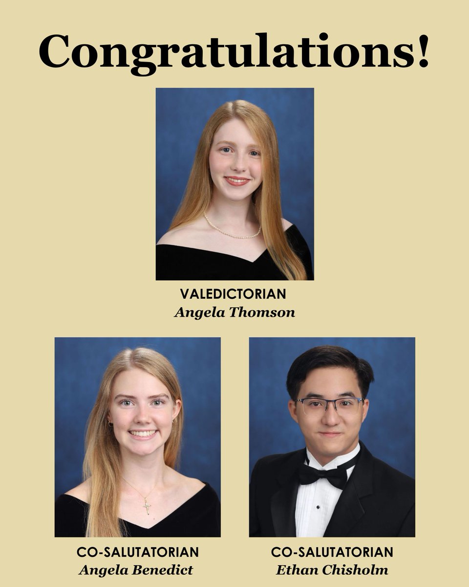 PaulVICatholic's tweet photo. Congratulations to PVI Class of 2025's valedictorian and co-salutatorians. This year’s valedictorian is Angela Thomson, and the co-salutatorians are Angela Benedict and Ethan Chisholm.
#PVIProud #PVIClassOf2025 #GrowInGraceAndWisdom https://t.co/kWSHOox3K0