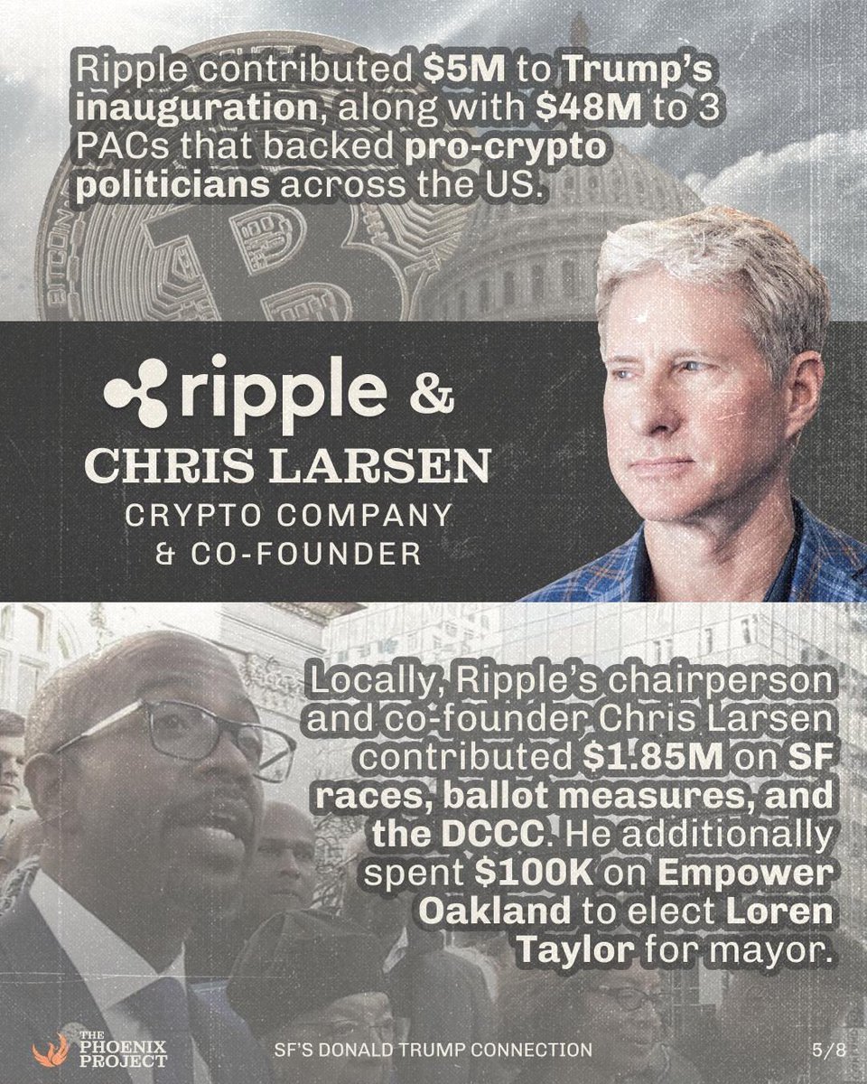 Christian Larsen (Ripple Chair)

•Ripple gave $5M to Trump’s inauguration

•Larsen spent $1.85M on SF races, backing Mayor Breed &amp; Prop F