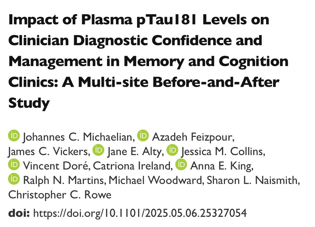 Healthy Brain Ageing Program, University of Sydney (@hbaprogram_usyd) on Twitter photo 📢 New preprint alert
Our study supports using plasma pTau181 to boost diagnostic confidence in Alzheimer’s across Australian Memory Clinics—moving closer to routine blood testing!
🔗Read more: medrxiv.org/content/10.110…
<a href="/Prof_Naismith/">Sharon Naismith, AM, FASSA</a>
<a href="/ADNeT_Australia/">Australian Dementia Network - ADNeT</a> 📢 New preprint alert
Our study supports using plasma pTau181 to boost diagnostic confidence in Alzheimer’s across Australian Memory Clinics—moving closer to routine blood testing!
🔗Read more: medrxiv.org/content/10.110…
<a href="/Prof_Naismith/">Sharon Naismith, AM, FASSA</a>
<a href="/ADNeT_Australia/">Australian Dementia Network - ADNeT</a>