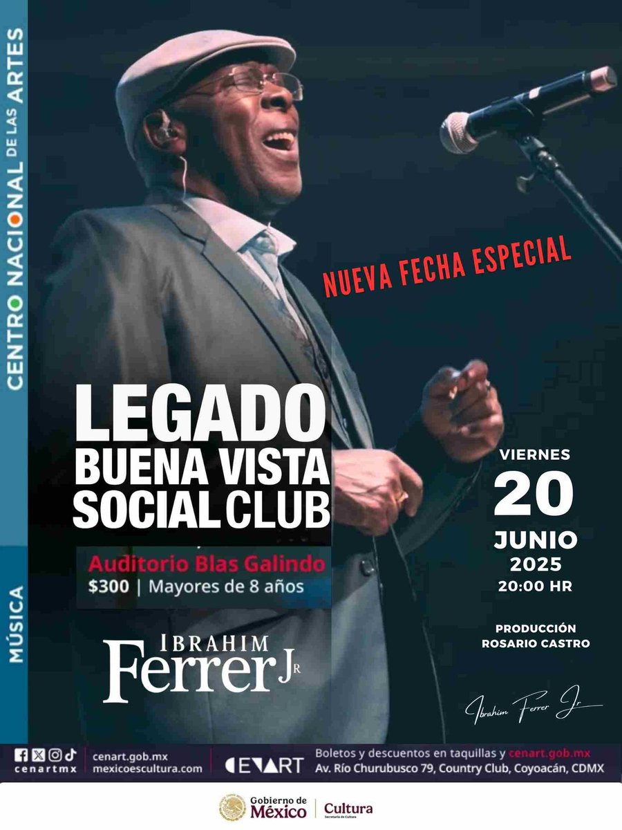 Abrimos nueva fecha! 20 de junio 8 PM Auditorio Blas Galindo <a href="/cenartmx/">Centro Nacional de las Artes</a> cenart.comprarboletos.com/musica/legado-… 
Los espero para disfrutar el Legado Buena Vista Social Club 🎶 💯 
21 de junio 🎫 agotados ❗ ❗
#ibrahimferrerjr #legadobuenavista #ibrahimferrer #musicacubana