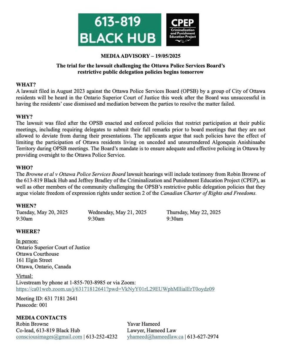 Sam Hersh (@samhersh01) on Twitter photo Last year, along with several other community members we pursued a lawsuit against the <a href="/OttawaPolice/">Ottawa Police</a> Services Board for implementing bylaws that significantly deterred public participation in meetings to hold police accountable.
Tomorrow is the first day of our court hearing: Last year, along with several other community members we pursued a lawsuit against the <a href="/OttawaPolice/">Ottawa Police</a> Services Board for implementing bylaws that significantly deterred public participation in meetings to hold police accountable.
Tomorrow is the first day of our court hearing:
