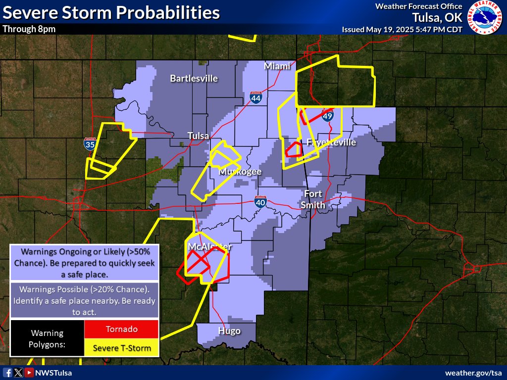 [6:01 PM - 5/19/25]
Several severe thunderstorms are ongoing across E OK and NW AR this evening. Storms will be capable of producing strong tornadoes, very large hail, and damaging wind gusts through the evening. These are dangerous storms, please monitor closely! #okwx #arwx