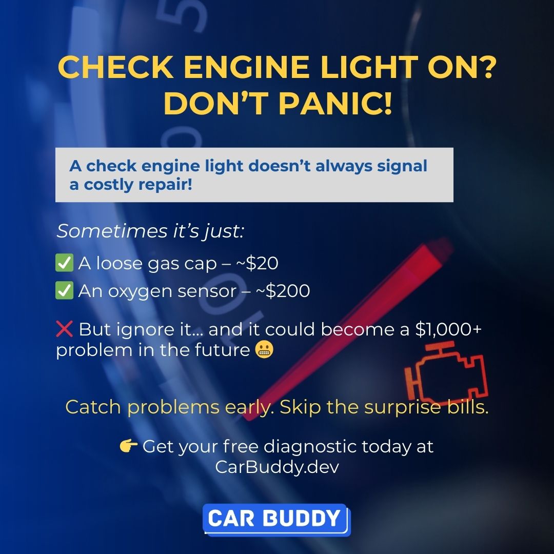 CarBuddyApp's tweet photo. 🛠️ Monday Tips

🚗 CHECK ENGINE LIGHT ON? DON’T PANIC!
A check engine light doesn’t always signal a costly repair!

Sometimes it’s just:
✔️ A loose gas cap – ~$20
✔️ An oxygen sensor – ~$200
❌ But ignore it… and it could become a $1,000+ problem in the future 😬 https://t.co/BUTRyNRVs1