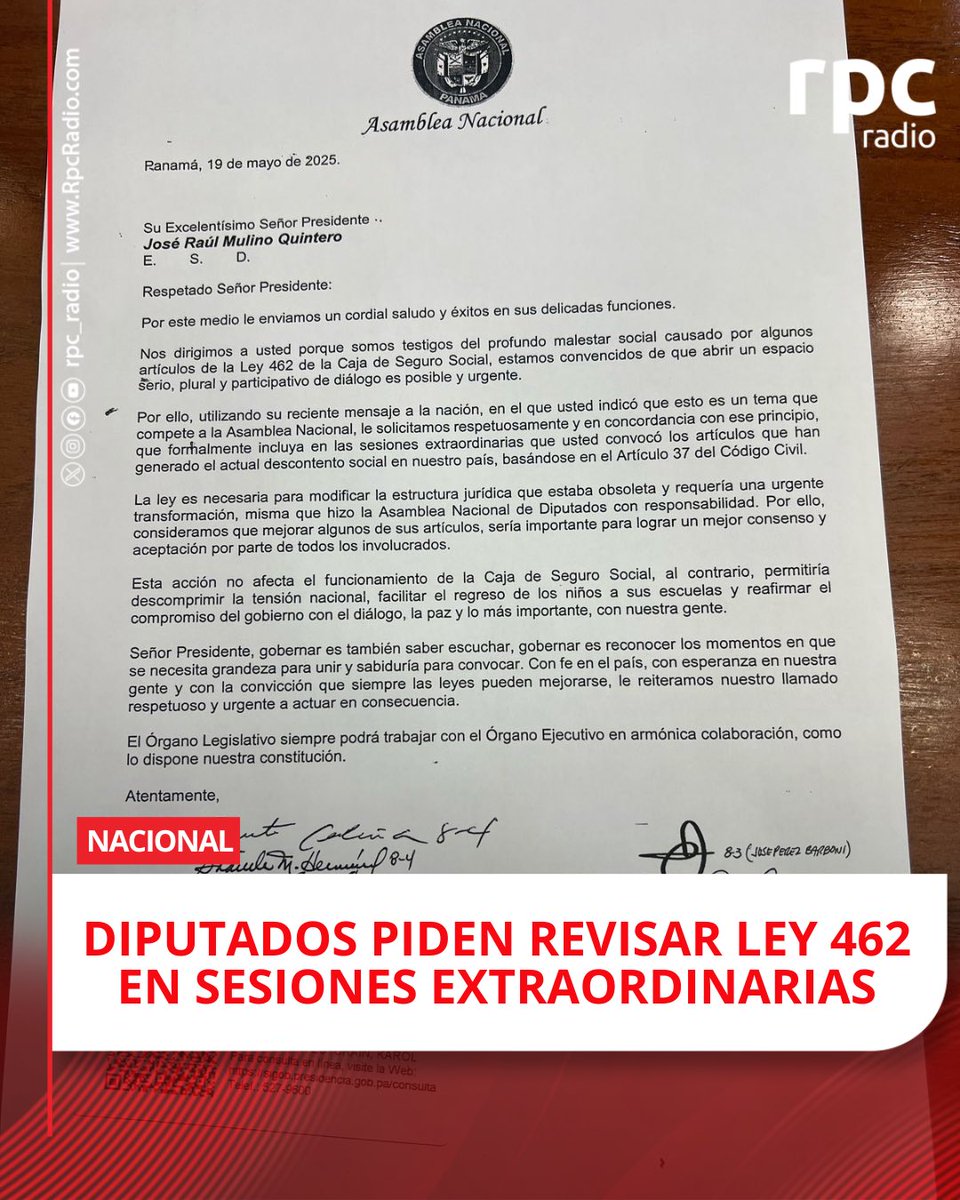 Cinco diputados solicitan al presidente José Raúl Mulino incluir la discusión de artículos polémicos de la Ley 462 de la CSS en las sesiones extraordinarias. 

Buscan descomprimir la tensión nacional, facilitar el regreso a clases y promover el diálogo con sectores movilizados.
