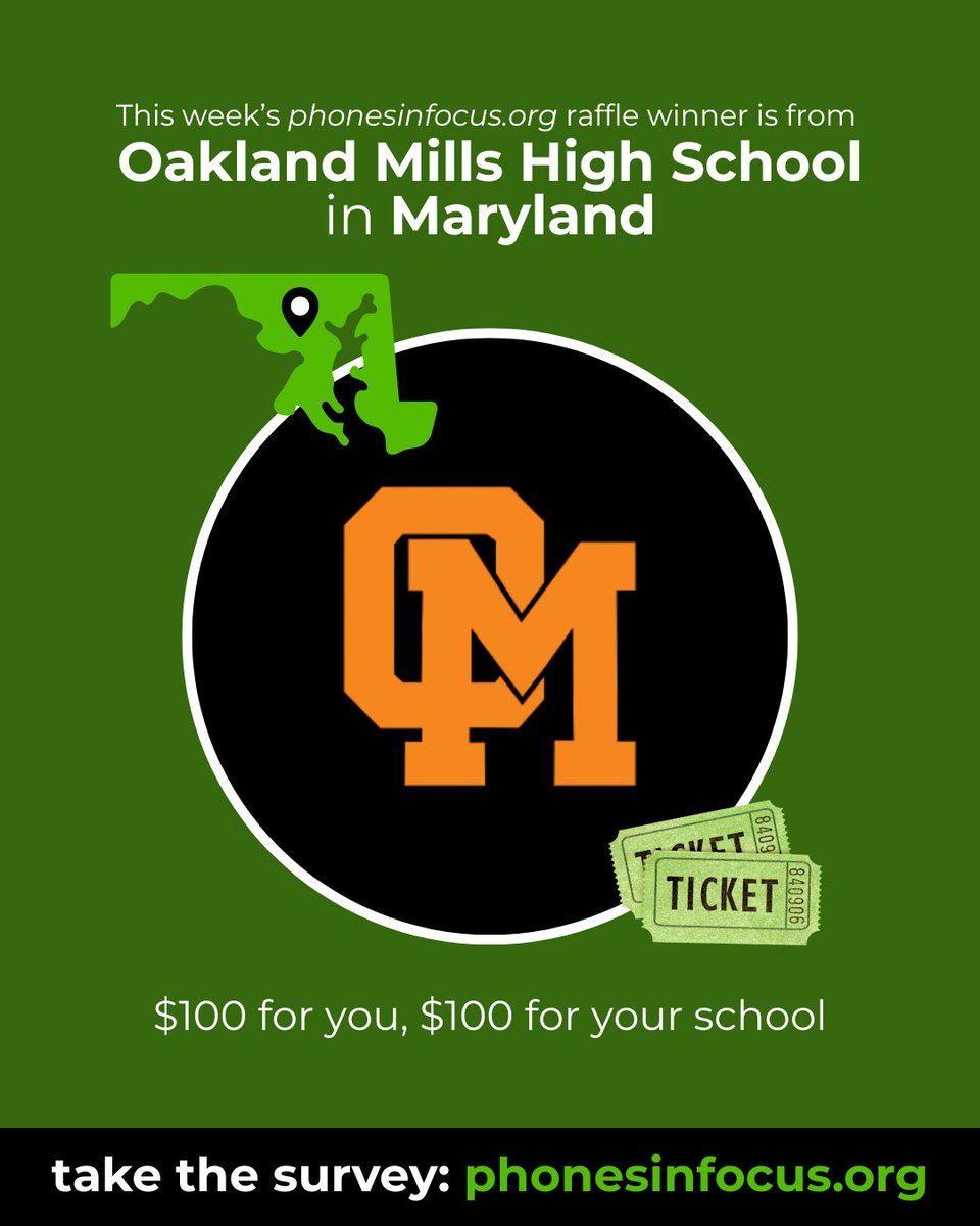 Angela Duckworth (@angeladuckw) on Twitter photo 🎉 Congrats to this week’s raffle winner from <a href="/hcpss_omhs/">Oakland Mills HS</a> in Maryland!
🏫📚 TEACHERS: take the phonesinfocus.org survey to help shape policy and see how your school compares PLUS be eligible for our next drawing!
#PhonesInFocus #EdResearch #TeacherVoices #TagATeacher 🎉 Congrats to this week’s raffle winner from <a href="/hcpss_omhs/">Oakland Mills HS</a> in Maryland!
🏫📚 TEACHERS: take the phonesinfocus.org survey to help shape policy and see how your school compares PLUS be eligible for our next drawing!
#PhonesInFocus #EdResearch #TeacherVoices #TagATeacher