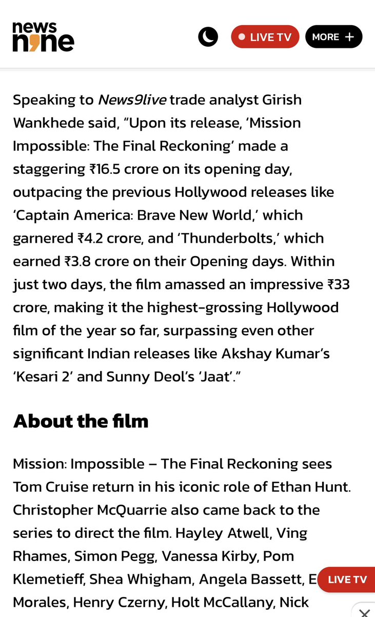 Girish Wankhede (@girishwankhede) on Twitter photo #MissionImpossibleTheFinalReckoning
<a href="/TomCruise/">Tom Cruise</a> <a href="/ParamountPics/">Paramount Pictures</a>
news9live.com/entertainment/… #MissionImpossibleTheFinalReckoning
<a href="/TomCruise/">Tom Cruise</a> <a href="/ParamountPics/">Paramount Pictures</a>
news9live.com/entertainment/…