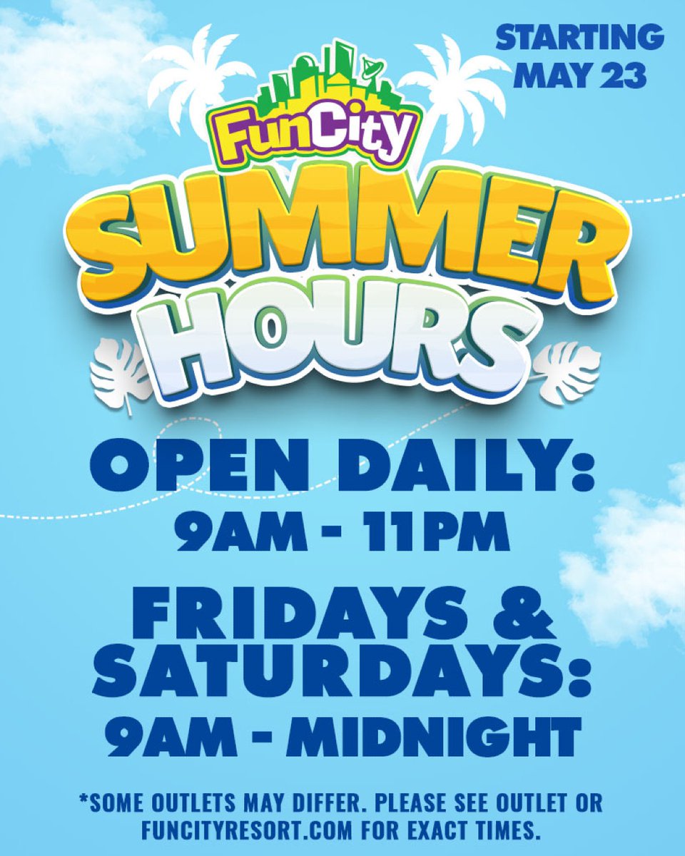 FunCity summer hours start this Friday, May 23rd! 

Some outlets may differ. Full facility hours: funcityresort.com/hours/