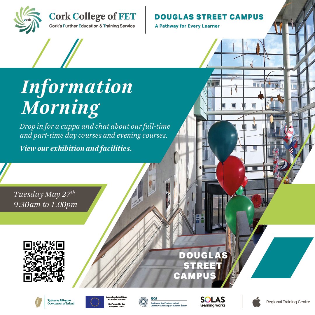 Cork College of FET - Douglas Street Campus (@douglasst_ccfet) on Twitter photo We invite you to our Information Morning Tue 27th May, 09.30-13.00hrs for a ☕️chat with staff, view our End of Year Exhibition ‘Unfolding Now’ & campus facilities.Find out more about our wide range of courses & our extensive Erasmus opportunities. #FET #lifelonglearning <a href="/CorkETB/">CorkETB🇮🇪🇪🇺</a> We invite you to our Information Morning Tue 27th May, 09.30-13.00hrs for a ☕️chat with staff, view our End of Year Exhibition ‘Unfolding Now’ & campus facilities.Find out more about our wide range of courses & our extensive Erasmus opportunities. #FET #lifelonglearning <a href="/CorkETB/">CorkETB🇮🇪🇪🇺</a>