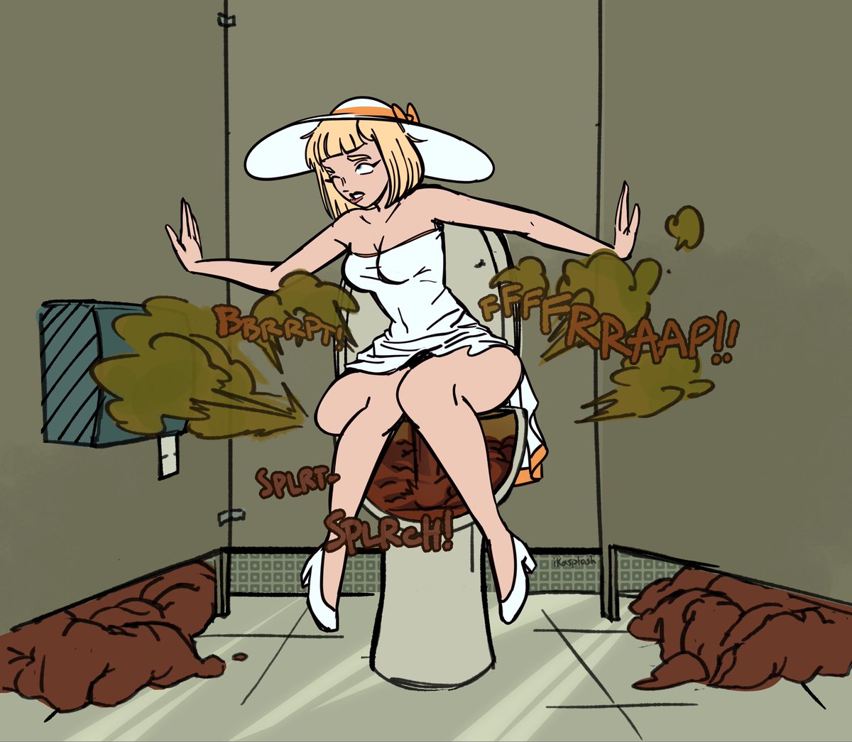 After a lengthy dinner date, Selina leaves a tip for the restaurant staff. You know she enjoyed the food and service if she *only* destroys the bathroom. 

Art done by the amazing <a href="/ika_splash/">Ikasplash (2/4 SLOTS)</a>! 
#scat