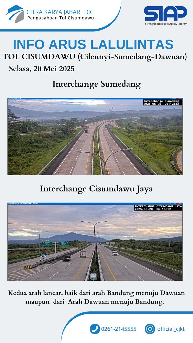 OfficialCKJT's tweet photo. 06:20 WIB #Tol_Cisumdawu Cileunyi–Sumedang-Ujung Jaya, dan arah sebaliknya ramai lancar kedua arah dengan cuaca mendung. Tetap hati-hati bagi pengendara, jaga batas kecepatan, jaga jarak aman kendaraan, serta gunakan sabuk keselamatan. https://t.co/acyeqJZv4t