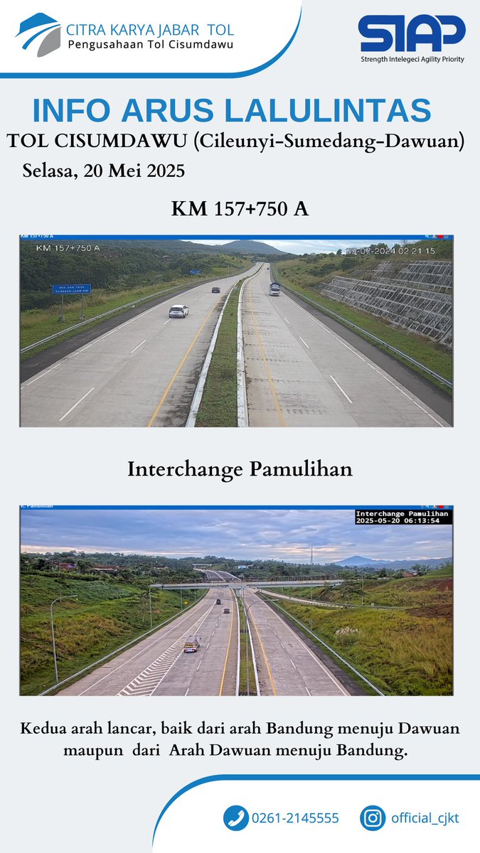 OfficialCKJT's tweet photo. 06:20 WIB #Tol_Cisumdawu Cileunyi–Sumedang-Ujung Jaya, dan arah sebaliknya ramai lancar kedua arah dengan cuaca mendung. Tetap hati-hati bagi pengendara, jaga batas kecepatan, jaga jarak aman kendaraan, serta gunakan sabuk keselamatan. https://t.co/acyeqJZv4t