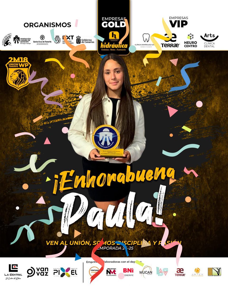 .
🏆 PAULA CÍE: carácter y esfuerzo 🦁💪🏻
.
El pasado Sábado 17 de Mayo, nuestra deportista ⭐Paula Cíe⭐ fué premiada en la Gala de la Natación Canaria del 2025 como 🔝🤽🏻‍♀️🇮🇨 Mejor Jugadora de la Liga Canaría en categoría Alevín la pasada temporada 2023/24. Un premio a todo el
