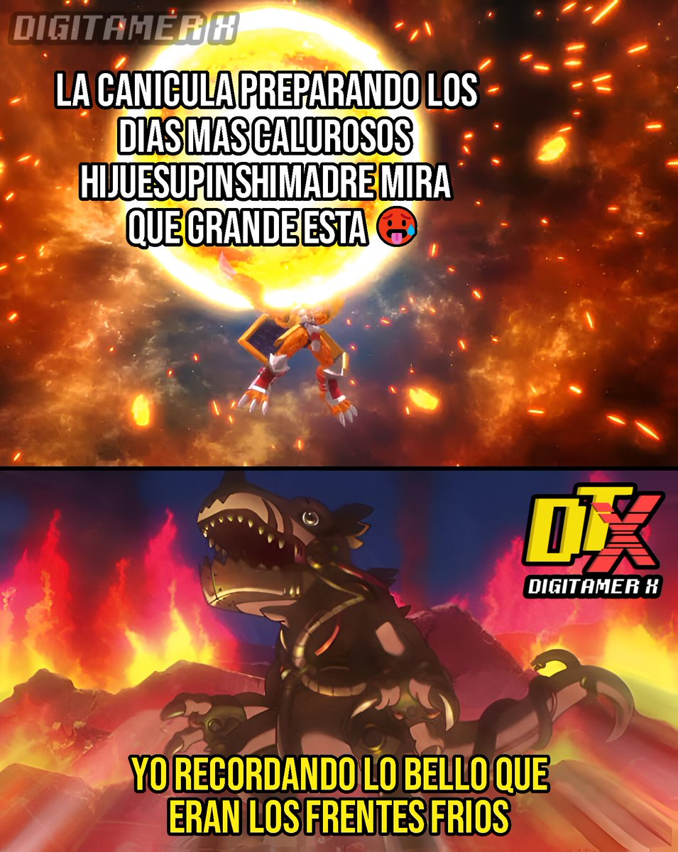 DigitamerX's tweet photo. La canícula viene con todo, y uno nomás pensando en los días donde el aire no parecía secador de pelo. ❄️
¡Frentes fríos, regresen, les prometo que ya no me quejo del frío nunca más! 🥶🙏
#Canícula2025 #Digimon #CalorInfernal #ExtrañoElFrío #memes #DigimonAdventure https://t.co/a23BTA9y2p
