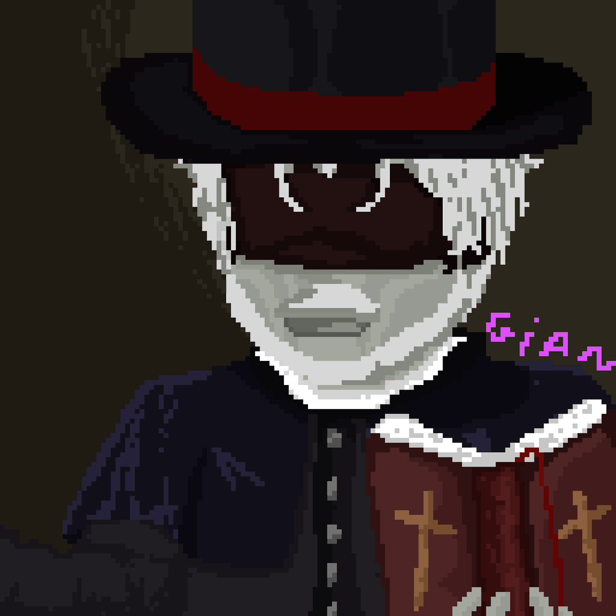 F404XdoesARTS's tweet photo. Gianleonne? Gian Lonne? We don't know.

An Original Character (OC) holding a bible and using a top hat.
He's a blind priest made for an RPG in Ordem Paranormal system.

#oc #pixelart #OrdemParanormal https://t.co/EFlvtMP1pB