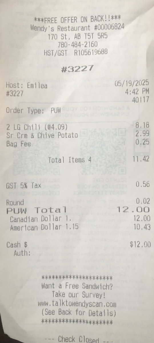 stolatjohn's tweet photo. For context: I’m in Edmonton AB Canada. Wondering why Wendy’s needs to have a USA currency note on their receipts?! https://t.co/UdP3rmVHNo
