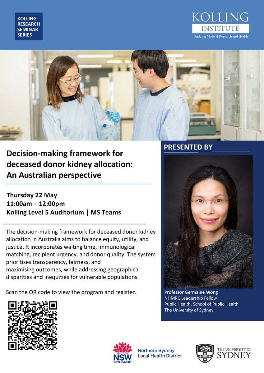Kolling Institute (@kollinginst) on Twitter photo Our next <a href="/KollingINST/">Kolling Institute</a> seminar will feature Prof Germaine Wong, who will discuss the decision-making framework for donor kidney allocation in Australia.
Register today for the May 22 event 11am-Midday
Kolling Auditorium | MS Teams
kolling.sydney.edu.au/pub/pubType/EO… <a href="/syd_health/">Sydney Health</a> <a href="/NthSydHealth/">Northern Sydney Local Health District</a> Our next <a href="/KollingINST/">Kolling Institute</a> seminar will feature Prof Germaine Wong, who will discuss the decision-making framework for donor kidney allocation in Australia.
Register today for the May 22 event 11am-Midday
Kolling Auditorium | MS Teams
kolling.sydney.edu.au/pub/pubType/EO… <a href="/syd_health/">Sydney Health</a> <a href="/NthSydHealth/">Northern Sydney Local Health District</a>