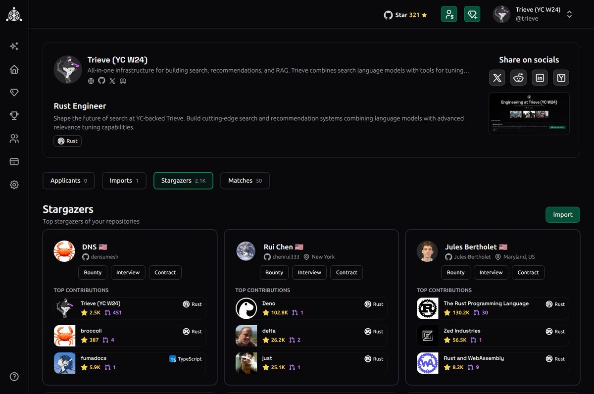 zaf (@whizzaf) on Twitter photo #1 requested feature on algora so far: "i want to import and engage my stargazers from GitHub" 💡
live on prod now for companies hiring on <a href="/algoraio/">Algora</a>! next up: campaign top candidates
thanks for the idea <a href="/anselm_io/">Anselm Eickhoff</a> <a href="/mamagnus00/">Magnus Müller</a> <a href="/skeptrune/">Nick Khami</a> 🫡 #1 requested feature on algora so far: "i want to import and engage my stargazers from GitHub" 💡
live on prod now for companies hiring on <a href="/algoraio/">Algora</a>! next up: campaign top candidates
thanks for the idea <a href="/anselm_io/">Anselm Eickhoff</a> <a href="/mamagnus00/">Magnus Müller</a> <a href="/skeptrune/">Nick Khami</a> 🫡