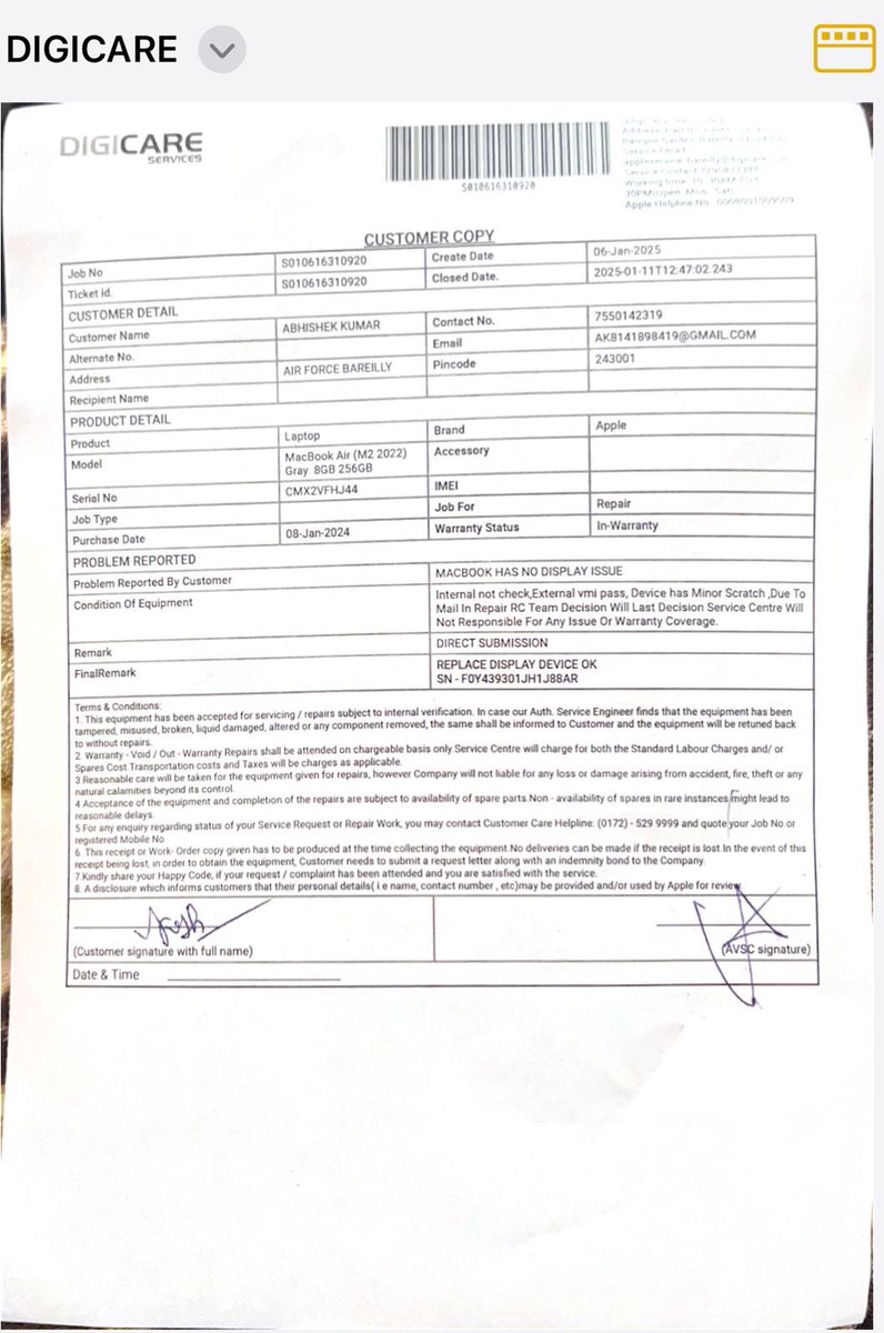 itsaksdude's tweet photo. Attaching the pictures of job sheet regarding same issue and also a video of facing the same issue for the third time
@Apple  @AppleSupport 
#defectiveproduct
#macbookairfail https://t.co/rtcUAXOacT