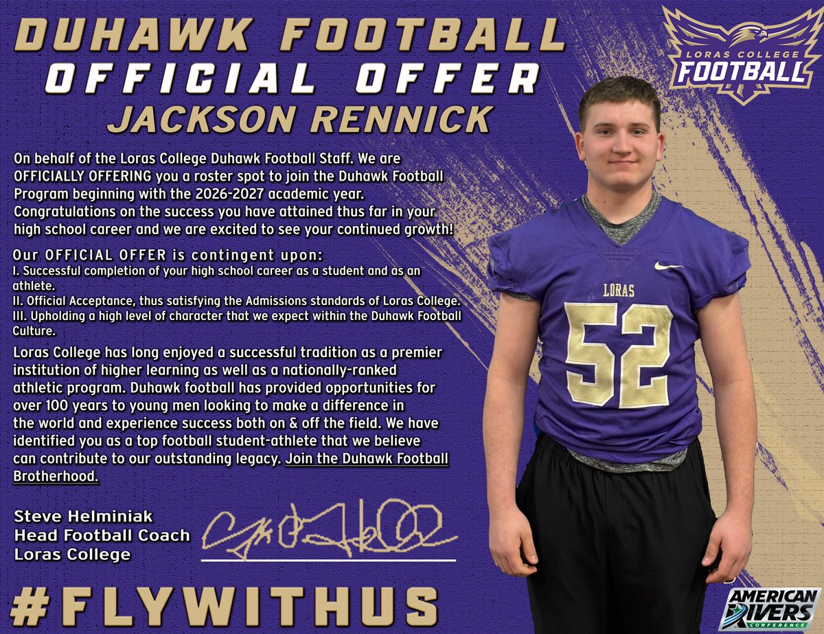 Jackson Rennick (@rennick52) on Twitter photo After a great conversation with <a href="/CoachHLorasFB/">Steve Helminiak</a>, I am honored to have received an offer from <a href="/LCFBRecruiting/">Loras College Football Recruiting</a>.
<a href="/YorkDukesFB/">York Dukes Football</a> <a href="/EDGYTIM/">Timothy “EDGYTIM” OHalloran</a> <a href="/CoachJP52/">Jesse Pierce</a> <a href="/CoachChris_Roll/">Coach Chris Roll</a> <a href="/PrepRedzoneIL/">Prep Redzone Illinois</a> <a href="/DeepDishFB/">DEEP DISH FOOTBALL</a> <a href="/AllenTrieu/">Allen Trieu</a> After a great conversation with <a href="/CoachHLorasFB/">Steve Helminiak</a>, I am honored to have received an offer from <a href="/LCFBRecruiting/">Loras College Football Recruiting</a>.
<a href="/YorkDukesFB/">York Dukes Football</a> <a href="/EDGYTIM/">Timothy “EDGYTIM” OHalloran</a> <a href="/CoachJP52/">Jesse Pierce</a> <a href="/CoachChris_Roll/">Coach Chris Roll</a> <a href="/PrepRedzoneIL/">Prep Redzone Illinois</a> <a href="/DeepDishFB/">DEEP DISH FOOTBALL</a> <a href="/AllenTrieu/">Allen Trieu</a>