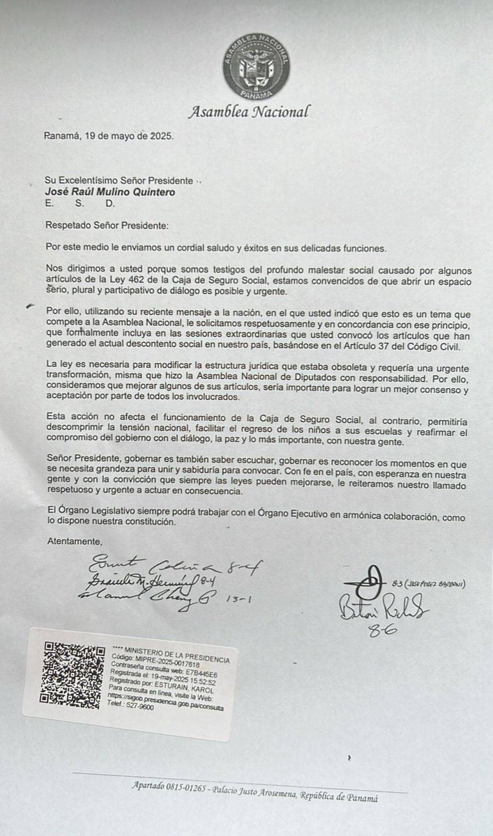 #Nacional | Los diputados del Movimiento Otro Camino, Grace Hernández, José Pérez Barboni y Ernesto Cedeño, junto a sus colegas independientes Betserai Richards y Manuel Cheng, presentaron, este lunes 19 de mayo, una propuesta concreta para intentar abrir una vía de solución