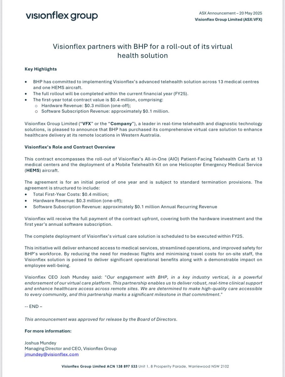 TraderAus's tweet photo. $VFX 
Visionflex partners with $BHP for a roll-out of its virtual health solution https://t.co/SqS6k3ciOV