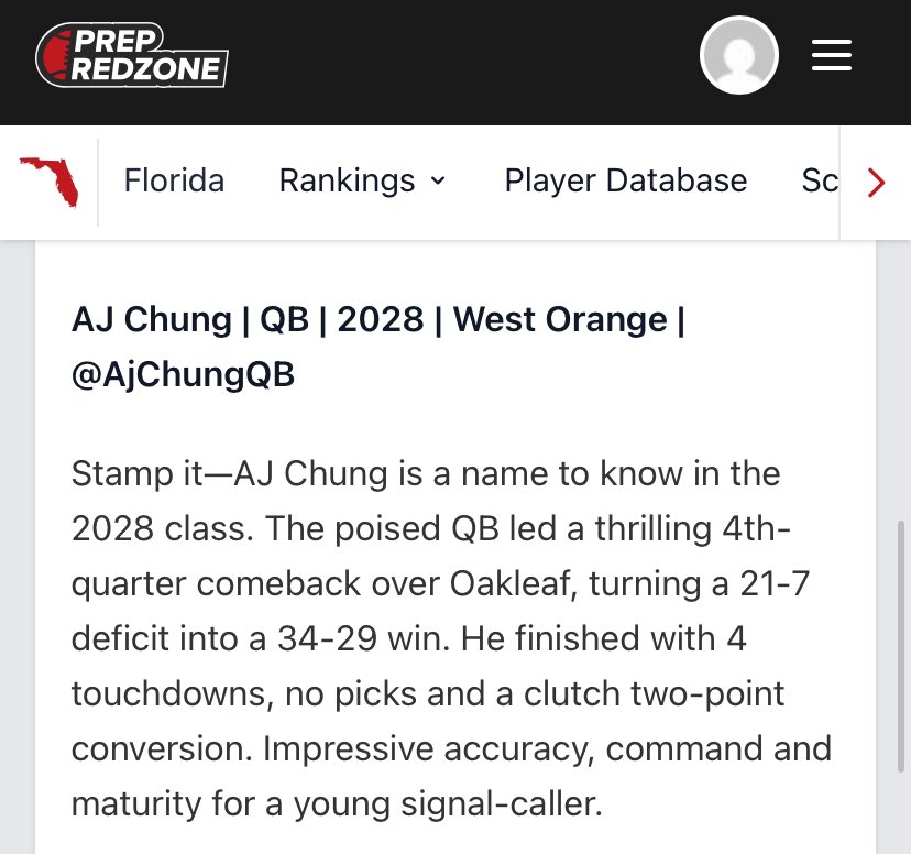 AJ Chung (@ajchungqb) on Twitter photo Thank you <a href="/PrepRedzoneFL/">Prep Redzone Florida</a> for the amazing shoutout! A great team win, thanks to the big guys up front and my WR’s for making me look good! Excited for this summer to continue to grow and learn as a team‼️‼️
<a href="/WestOrangeFB1/">West Orange Football</a> <a href="/Coach_GThompson/">Geno Thompson</a> <a href="/CoachJoshKatz/">Joshua Katz</a> <a href="/NarlinClancy/">Narlin Clancy</a> Thank you <a href="/PrepRedzoneFL/">Prep Redzone Florida</a> for the amazing shoutout! A great team win, thanks to the big guys up front and my WR’s for making me look good! Excited for this summer to continue to grow and learn as a team‼️‼️
<a href="/WestOrangeFB1/">West Orange Football</a> <a href="/Coach_GThompson/">Geno Thompson</a> <a href="/CoachJoshKatz/">Joshua Katz</a> <a href="/NarlinClancy/">Narlin Clancy</a>