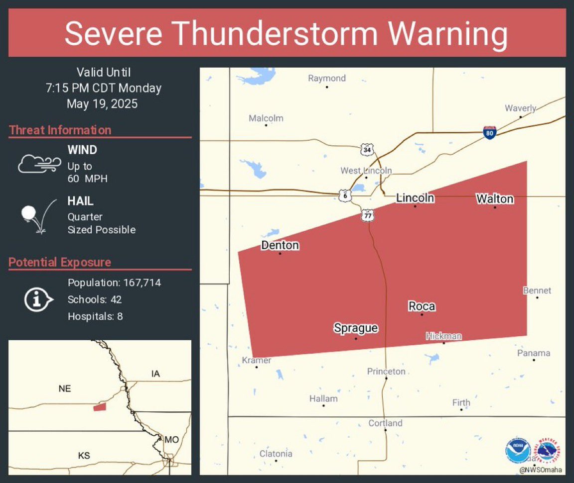 LNKScanner's tweet photo. #LNKWeather -
⚠️ SEVERE THUNDERSTORM WARNING ⚠️
in effect until 7:15 PM 5/19/25.
Including the Lincoln/Lancaster area.
#SevereThunderstormWarning #Lincoln #Lancaster #WeatherAlert https://t.co/OPWvP7rfmx