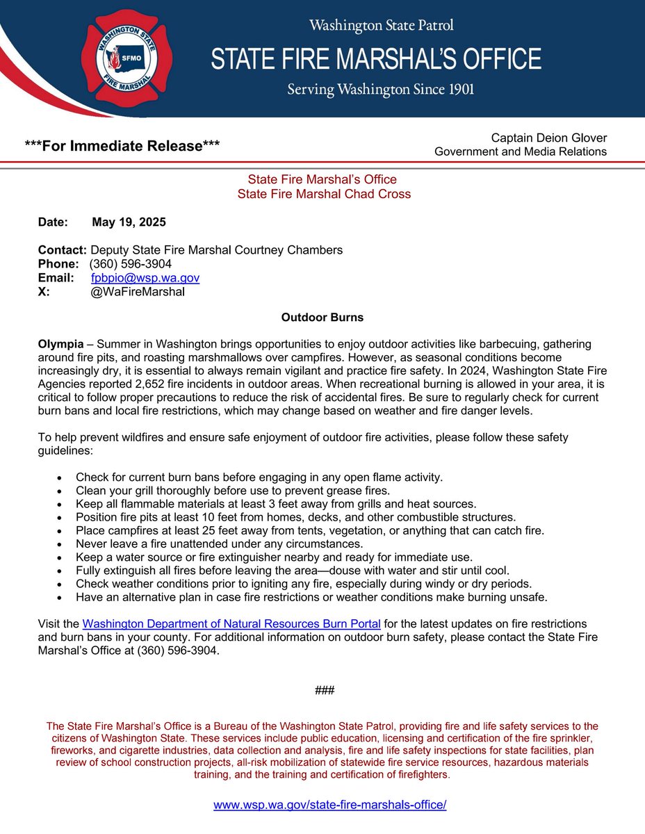 *** For Immediate Release ***

Washington State Fire Marshal's Office