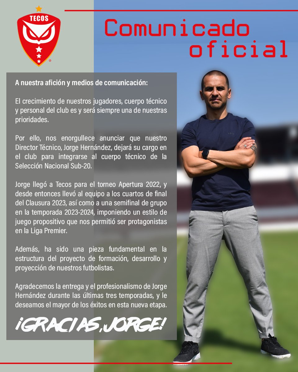 Anunciamos que nuestro D.T., Jorge Hernández, inicia un nuevo reto en Selección Nacional.

Gracias, Jorge, por toda tu entrega y profesionalismo, y por dejar una huella imborrable en la formación de nuestros futbolistas.

¡Éxito en tu nueva etapa! Tecos siempre será tu casa. 🦉⚽