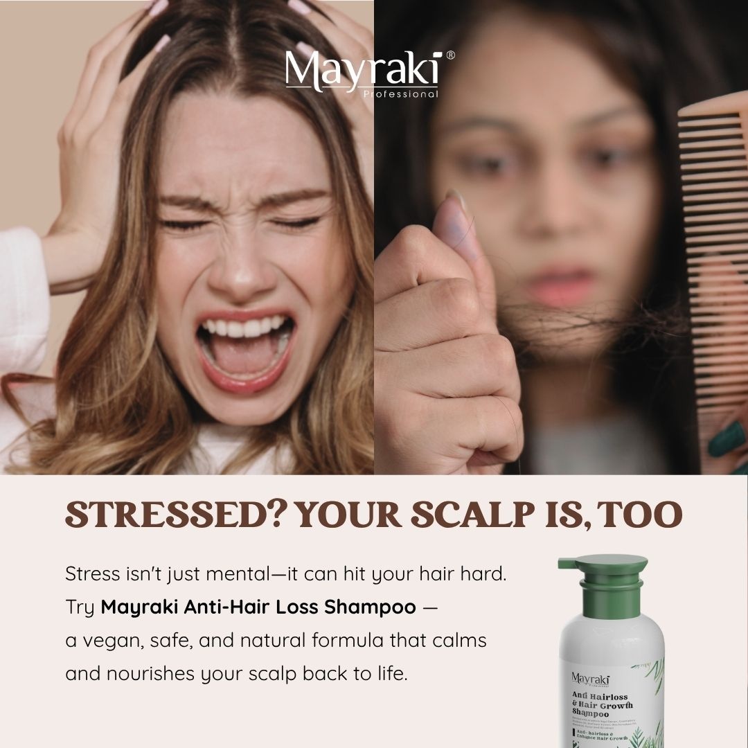 Mayraki4's tweet photo. 😩 Feeling stressed? Your hair feels it too. Stress is one of the top causes of hair fall — and you’re not alone. 

#smoothingtreatment #salonprofessional #healthyscalp #naturalbeautyproducts #naturalwave #hairrepair #scalptreatment #argan https://t.co/tjzGIdl3n8