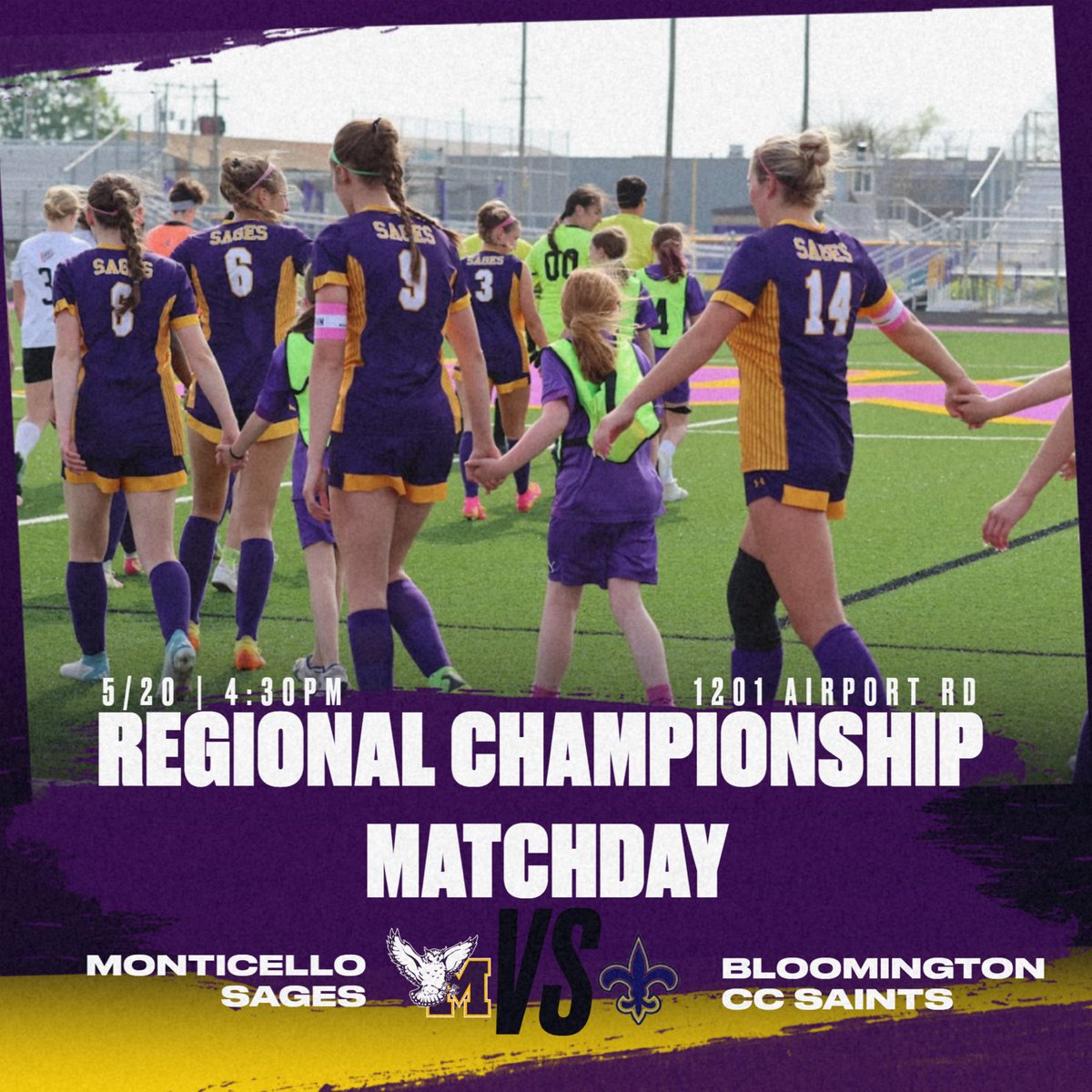 Tomorrow is REGIONAL CHAMPIONSHIP MATCHDAY. 
Monticello fans, come out and support the team &amp; wear purple! Pregame introductions at 4:20 with the match beginning at 4:30.