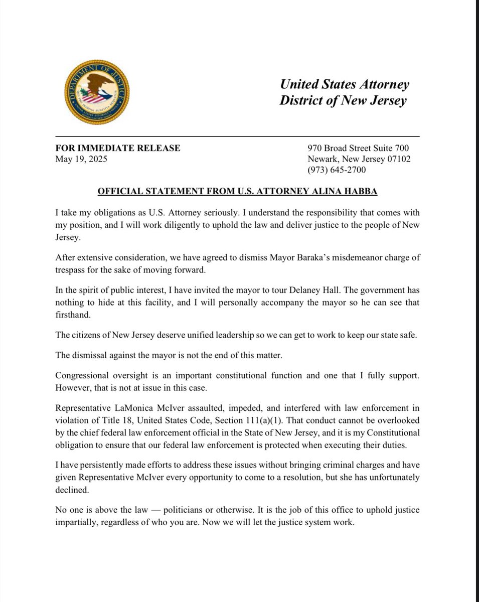 USAttyHabba's tweet image. 🚨 Today my office has charged Congresswoman McIver with violation of Title 18, United States Code, Section 111(a)(1) for assaulting, impeding and interfering with law enforcement.