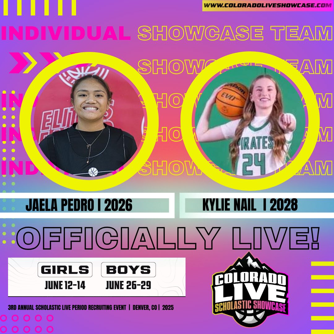 COLORADO LIVE Scholastic Showcase (@coloradolive_ss) on Twitter photo 🚨OFFICIALLY LIVE‼️🏀🏔️
Welcome to Colorado Live Girls Individual Showcase Team!! ✅
Jaela Pedro ( 2026) | <a href="/JaelaPedro/">Jaela Pedro</a> 🔥
Kylie Nail ( 2028) I <a href="/nail_kylie2028/">Kylie Nail</a> 🔥
are competing on Rocky Mountains Big Stage!
📍Denver, CO
📆 June 12-14th
⏳ Register ⬇️
💻 ColoradoLiveShowcase.com 🚨OFFICIALLY LIVE‼️🏀🏔️
Welcome to Colorado Live Girls Individual Showcase Team!! ✅
Jaela Pedro ( 2026) | <a href="/JaelaPedro/">Jaela Pedro</a> 🔥
Kylie Nail ( 2028) I <a href="/nail_kylie2028/">Kylie Nail</a> 🔥
are competing on Rocky Mountains Big Stage!
📍Denver, CO
📆 June 12-14th
⏳ Register ⬇️
💻 ColoradoLiveShowcase.com