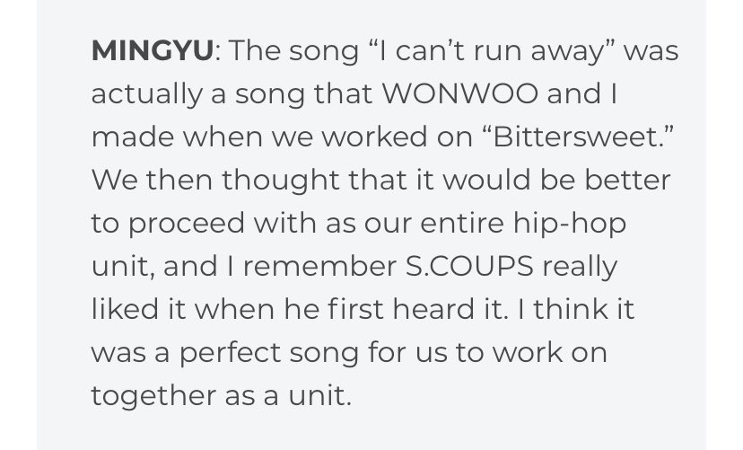 writesformw's tweet photo. when i first listened to i can't run away, i told myself that it has the same vibes as bittersweet. 

then it was later revealed by mingyu that icra was made by minwon while they worked on bittersweet 🥺💚💜 https://t.co/mzYc0j5B3r