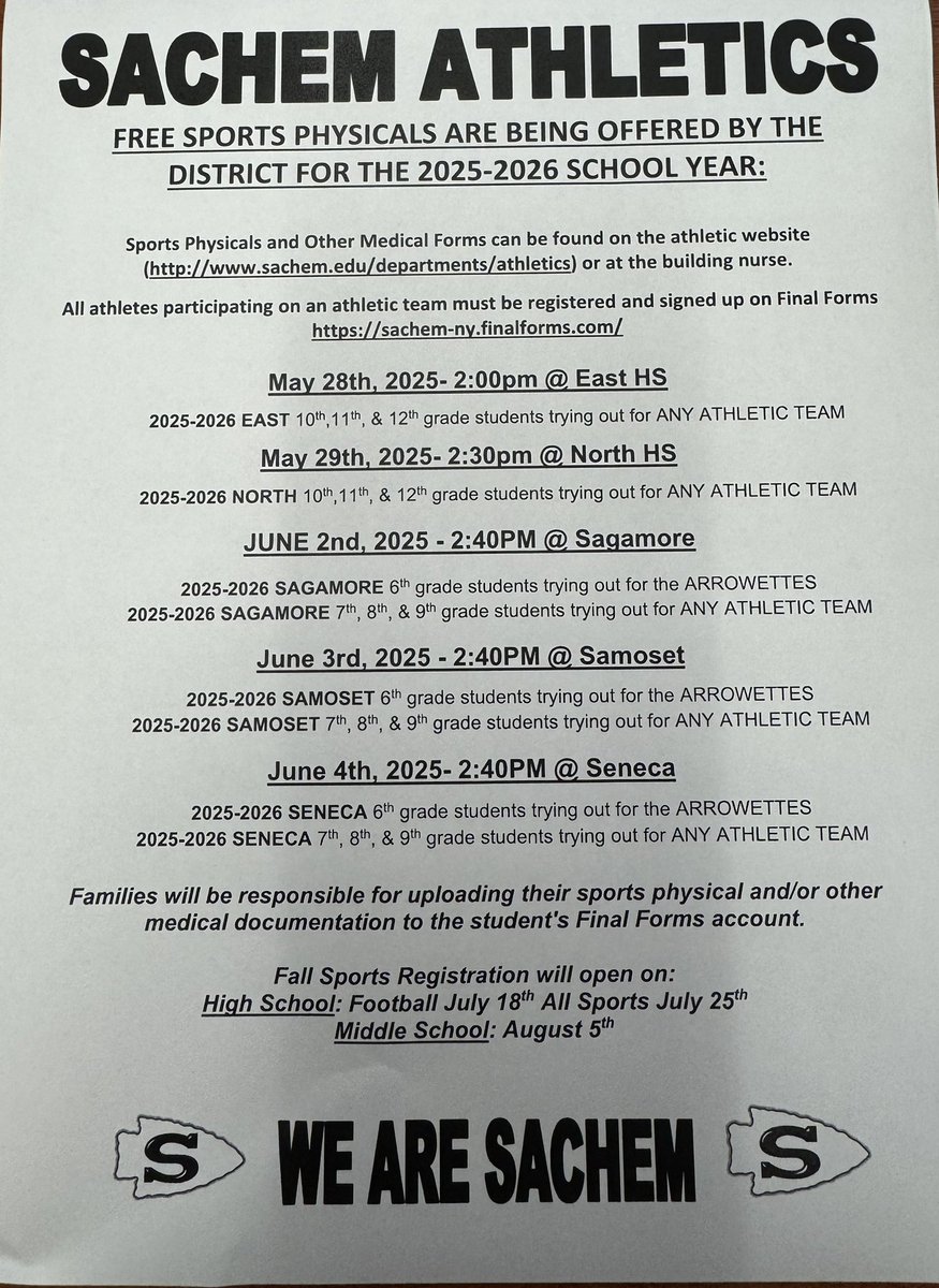 SachemNurse's tweet photo. Reminder! Sports physicals coming next week! @SachemSchools @SachemAD https://t.co/7HfzSqx4U0
