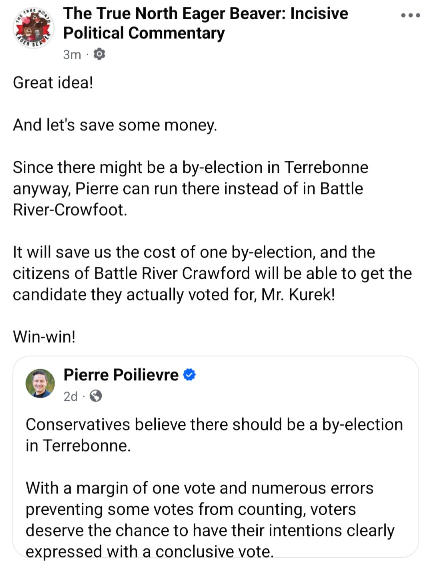 TrueEager's tweet image. C'mon @PierrePoilievre...

If the @CPC_HQ truly cares about taxpayer dollars, if there is a by-election in #Terrebonne, Pierre MUST run there instead of Battle River-Crowfoot, so that Canadians are on the hook for only one by-election rather than two.

 #BringItHome #PitySeatPete