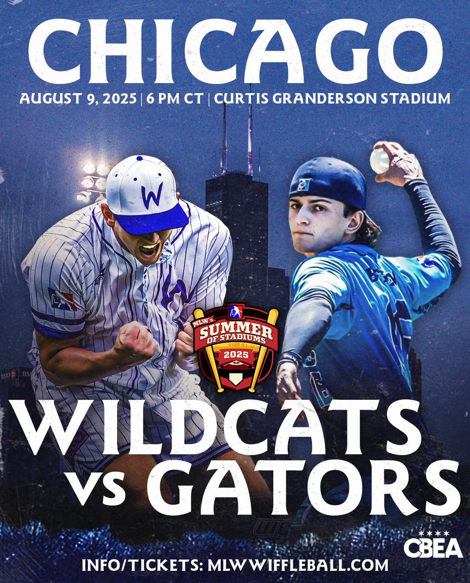 And finally… CHICAGO!!

MLW is coming BACK to <a href="/UICFlames/">UIC Flames 🔥</a> Les Miller Field at Curtis Granderson Stadium to support <a href="/CBEA_UIC/">CBEA</a>!

The Wildcats and Gators will be playing a 3-game series on Saturday, August 9th, starting at 6 PM CT.

INFO/TICKETS! 🎟️ leaguelineup.com/topnews.asp?ur…

#MLW2025