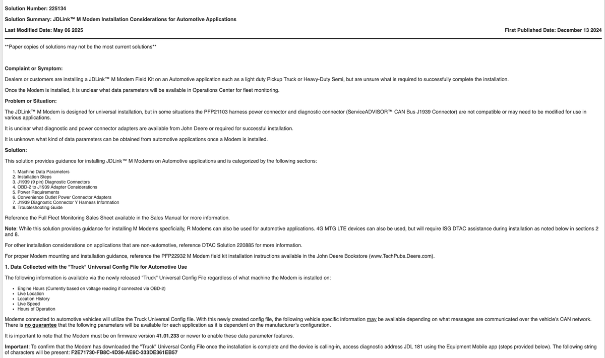 A team <a href="/johndeere/">John Deere USA</a> has what only can be described as a passion project to get JDLink modems to report CAN/OBD data (fuel level, hours etc) from non-JD equipment into Operations Center.  This super detailed DTAC solution on how to make it work is 15 pages long!!  Whoever you are, I