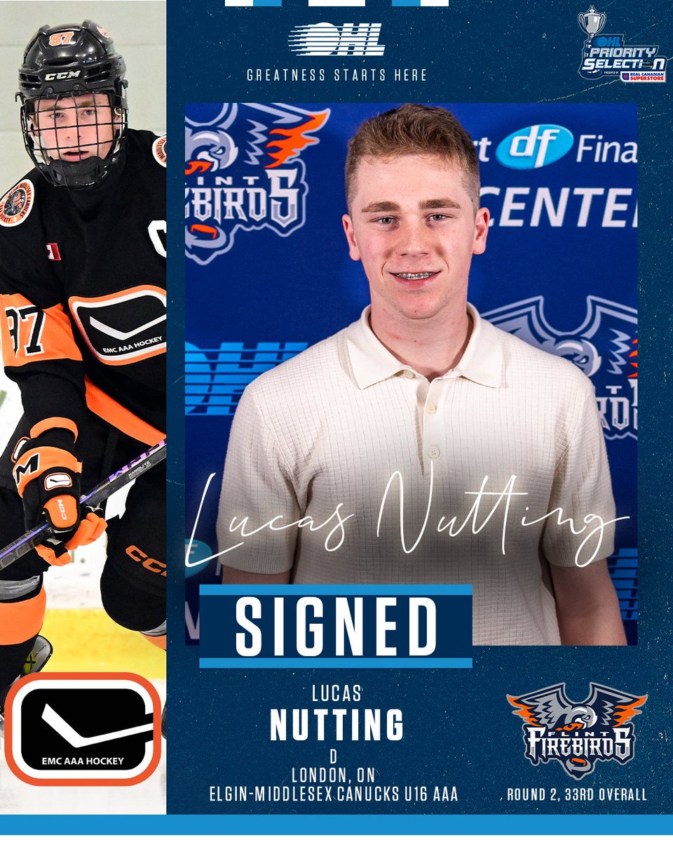 The <a href="/FlintFirebirds/">Flint Firebirds</a> have signed second round 2025 #OHLDraft pick Lucas Nutting of the <a href="/EMCanucks/">Elgin-Middlesex Canucks</a> to an #OHL Scholarship and Development Agreement.

DETAILS ✍️: tinyurl.com/yc5ewjrv