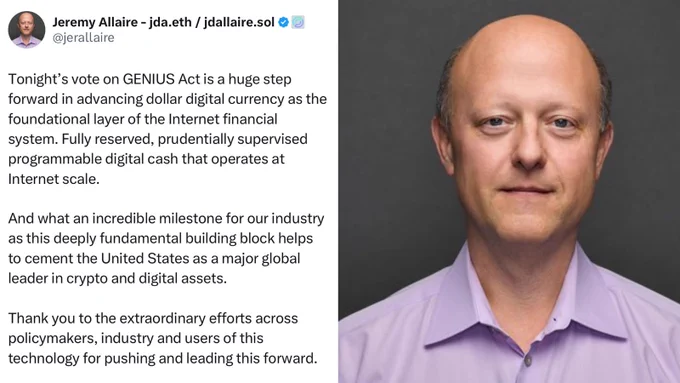 NEW: CIRCLE CEO @jerallaire SAYS “TONIGHT’S VOTE ON GENIUS ACT IS A HUGE STEP FORWARD IN ADVANCING DOLLAR DIGITAL CURRENCY AS THE FOUNDATIONAL LAYER OF THE INTERNET FINANCIAL SYSTEM” logo