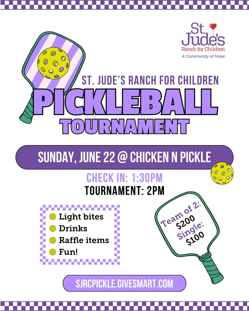 StJudesRanch's tweet image. Play pickleball for a great cause! 🎾❤️
Join us on Sunday, June 22 at @ChickenNPickle for a Pickleball Tournament to benefit St. Jude's Ranch for Children.
Enjoy bites, drinks, raffles and fun!
Register now: SJRCpickle.givesmart.com