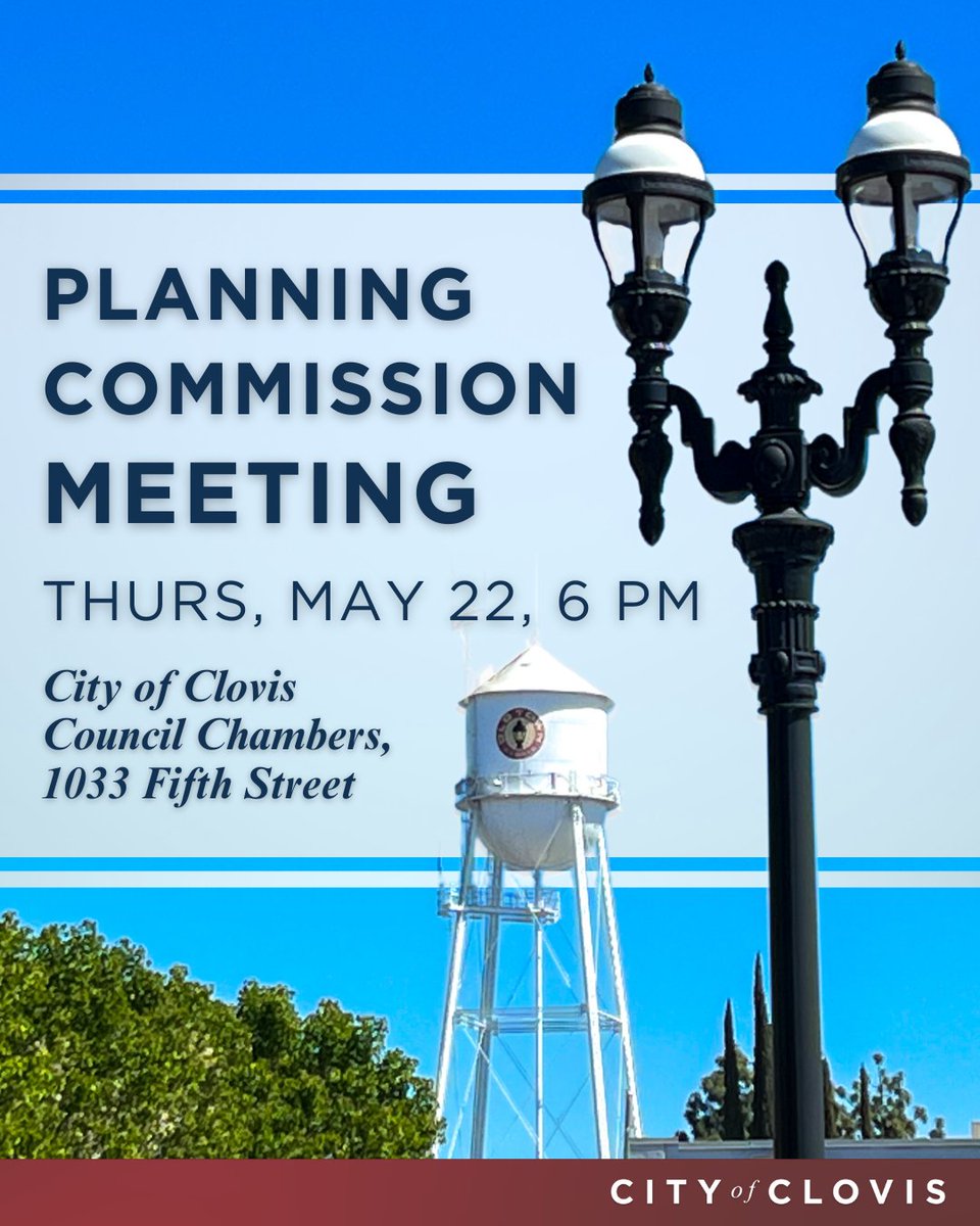 The Clovis Planning Commission will meet this evening, Thursday, May 22, 2025, at 6 PM in the Council Chambers.

Members of the public are invited &amp; can provide public comment in person or online.

View the agenda, watch the meeting, or submit a comment: cityofclovis.com/planning-and-d…
