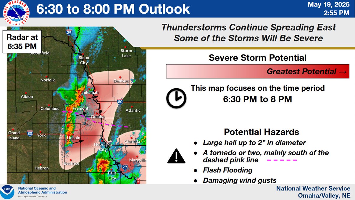 6:30 to 8 PM Near Term Outlook - Strong to severe storms continue to move east. Large hail, gusty winds, very heavy rain, and perhaps a tornado or two mainly south of the pink dashed line will be the main hazards.