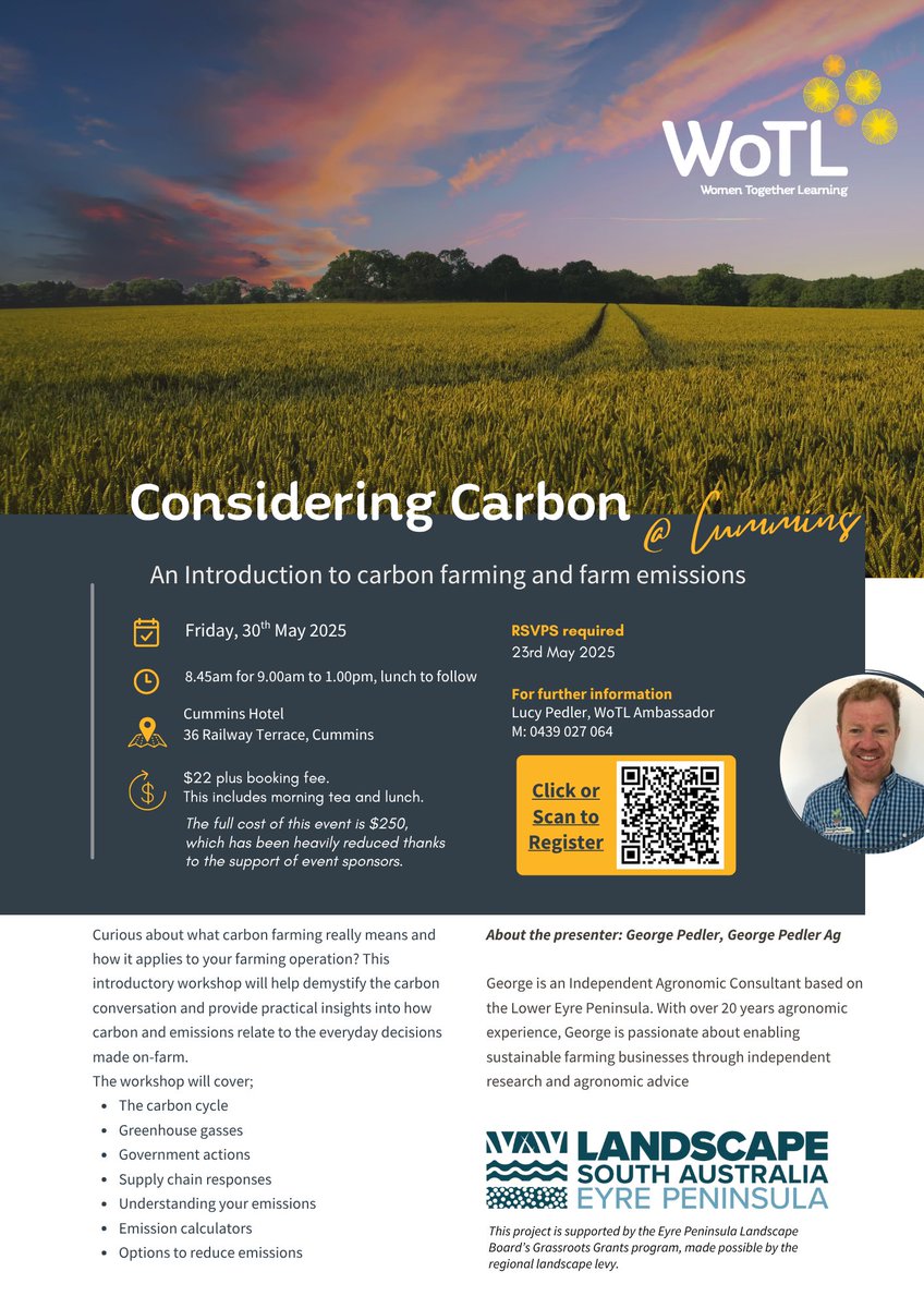Eyre Peninsula Landscape Board (@eplandscapesa) on Twitter photo Lower EP women in ag are invited to come along to a May 30 WoTL session to gain an introduction to carbon farming & farm emissions including information about calculators & options for reducing emissions.
Book this week: wotl.com.au/project/consid… Lower EP women in ag are invited to come along to a May 30 WoTL session to gain an introduction to carbon farming & farm emissions including information about calculators & options for reducing emissions.
Book this week: wotl.com.au/project/consid…